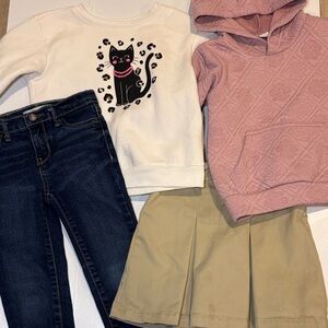4T Bundle Levi’s, White Cat Print Kids Sweatshirt, Rose hoodie w ears, Skort